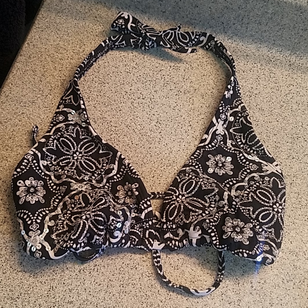 Embellished Bikini top,  sz S, black and white